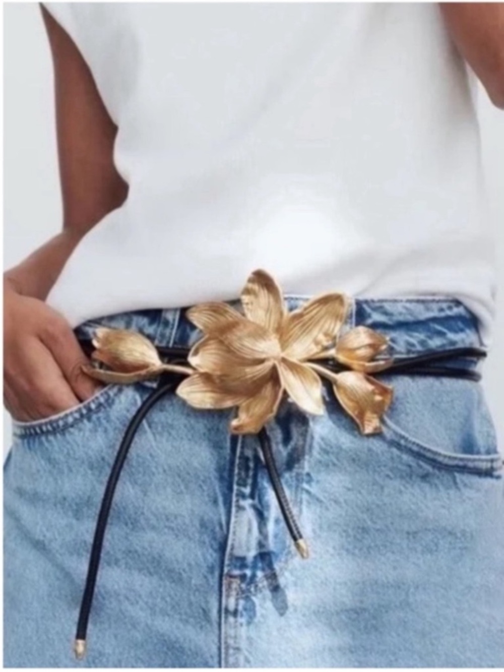 New Gold Floral Buckle Belt with Black Cord Strap